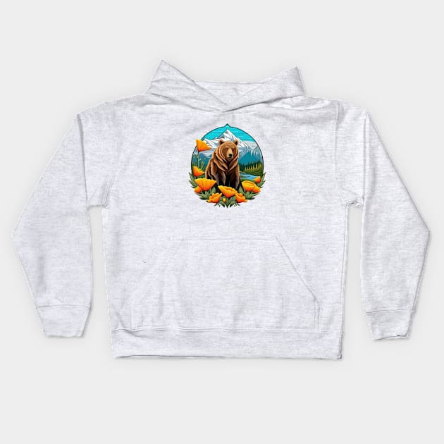 Bear In Mountain Landscape Surrounded By Orange California Poppies Kids Hoodie by taiche